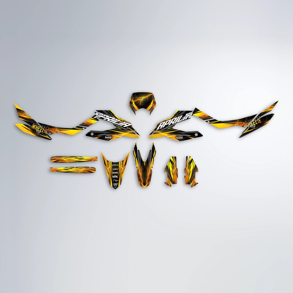 CAUTION Aprilia SX 125 graphics kit parts layout in Orange & Yellow