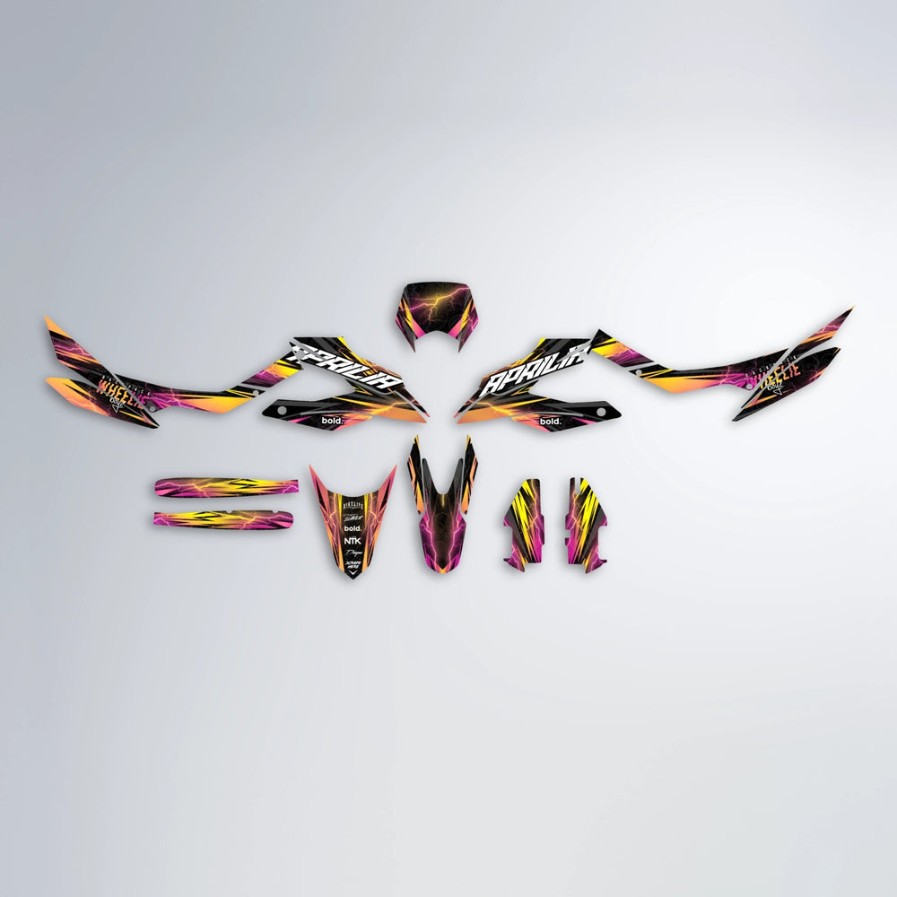 CAUTION Aprilia SX 125 graphics kit parts layout in Pink & Yellow