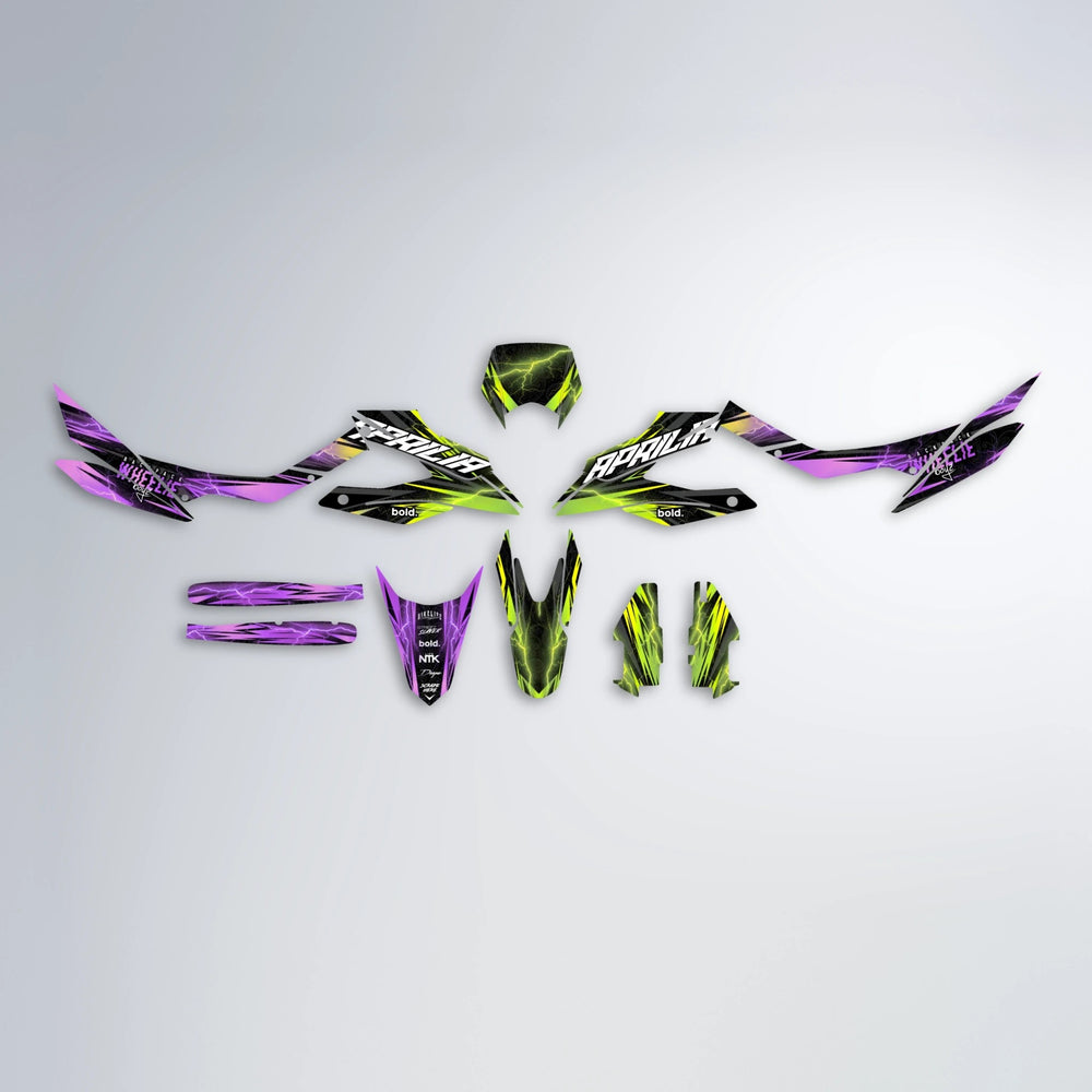 CAUTION Aprilia SX 125 graphics kit parts layout in Purple & Yellow