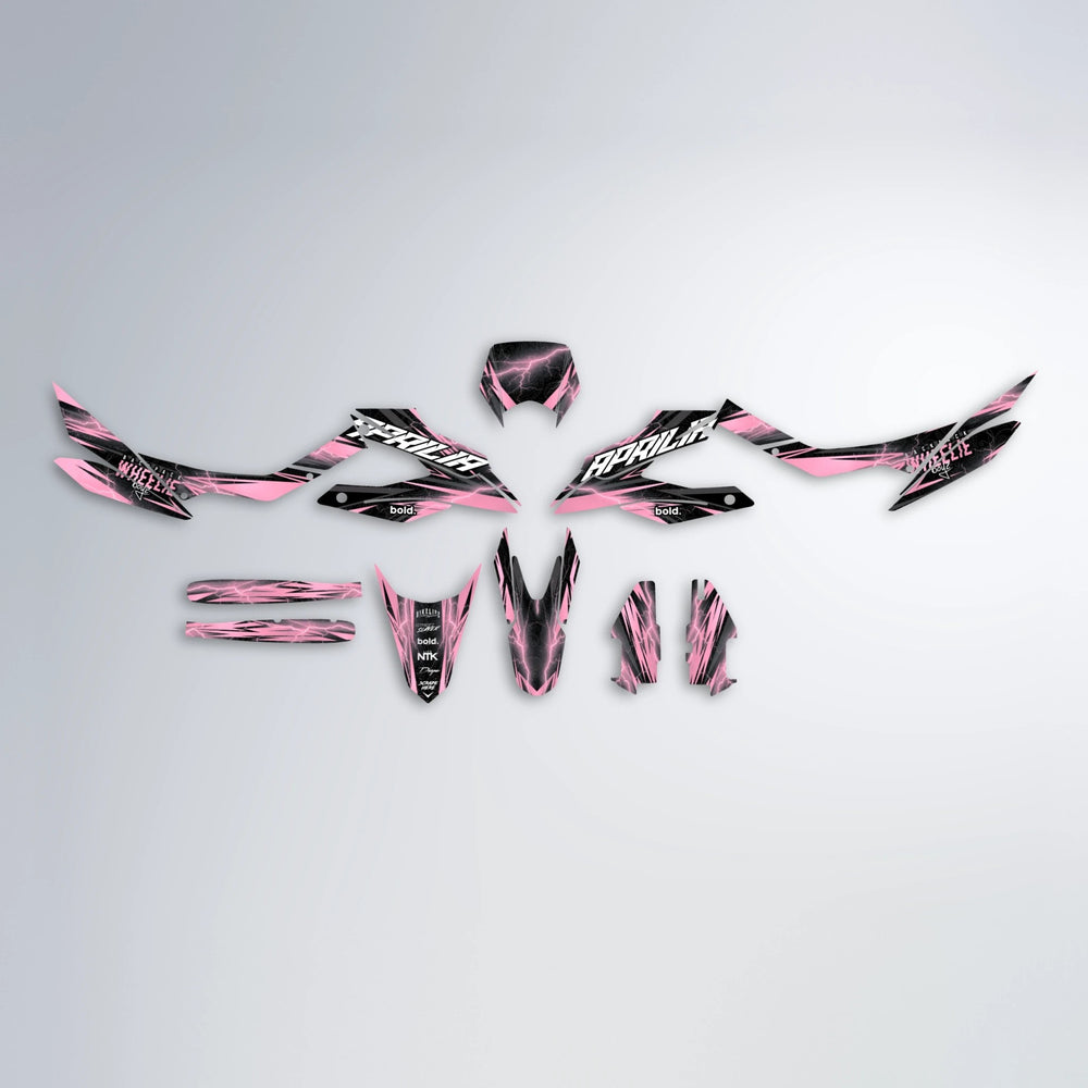 CAUTION Aprilia SX 125 graphics kit parts layout in Sakura Pink