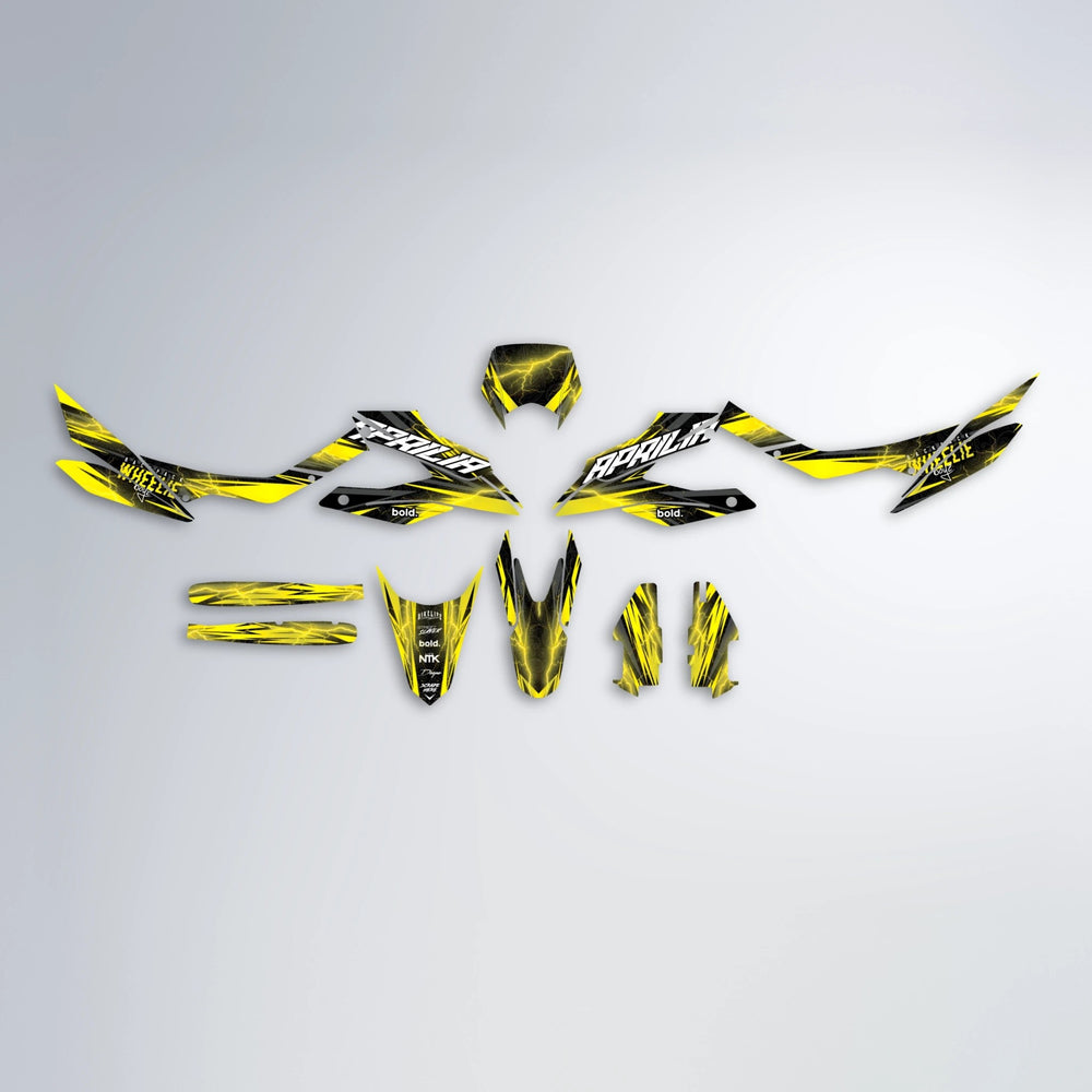 CAUTION Aprilia SX 125 graphics kit parts layout in Yellow