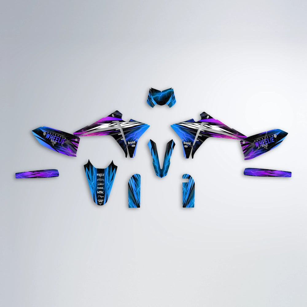 CAUTION Fantic graphics kit parts layout in Blue Purple Fade