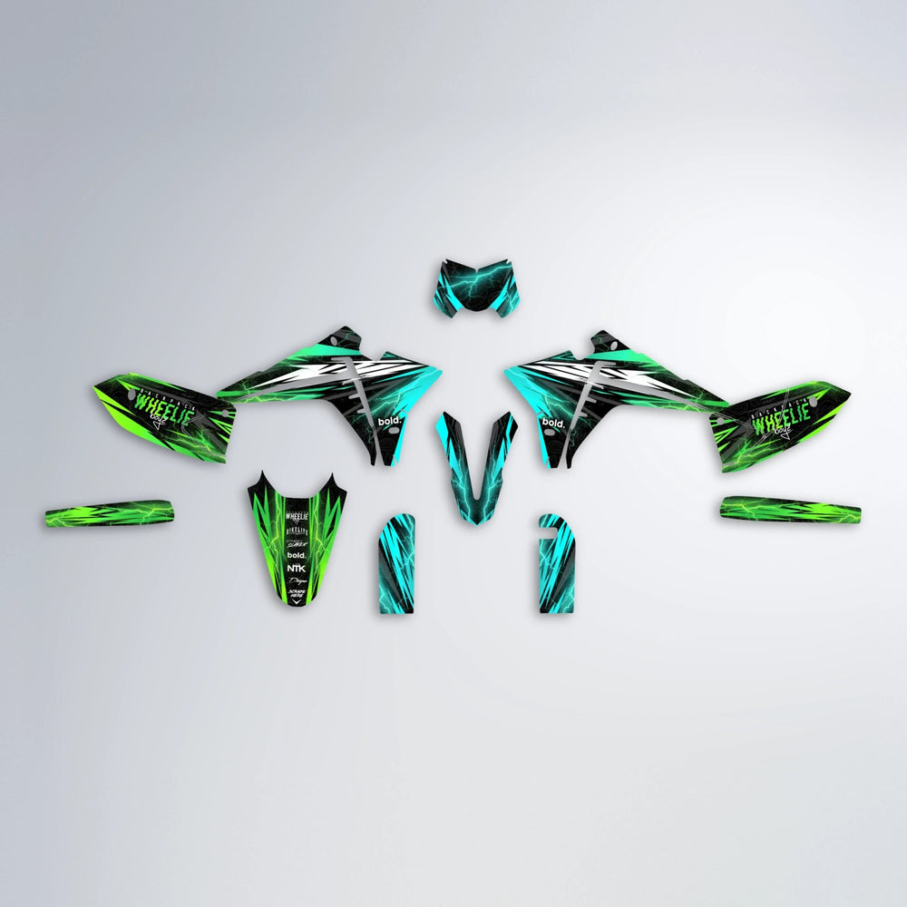 CAUTION Fantic graphics kit parts layout in Cyan & Green