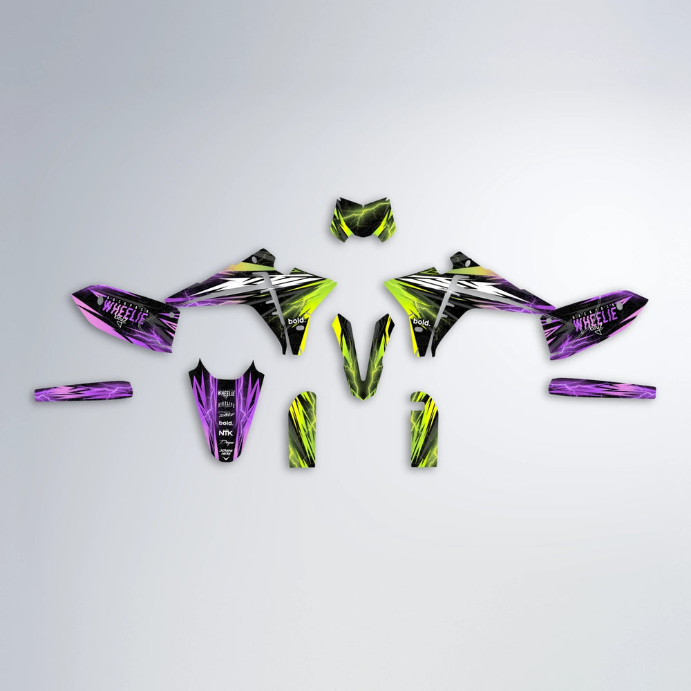 CAUTION Fantic graphics kit parts layout in Purple & Yellow