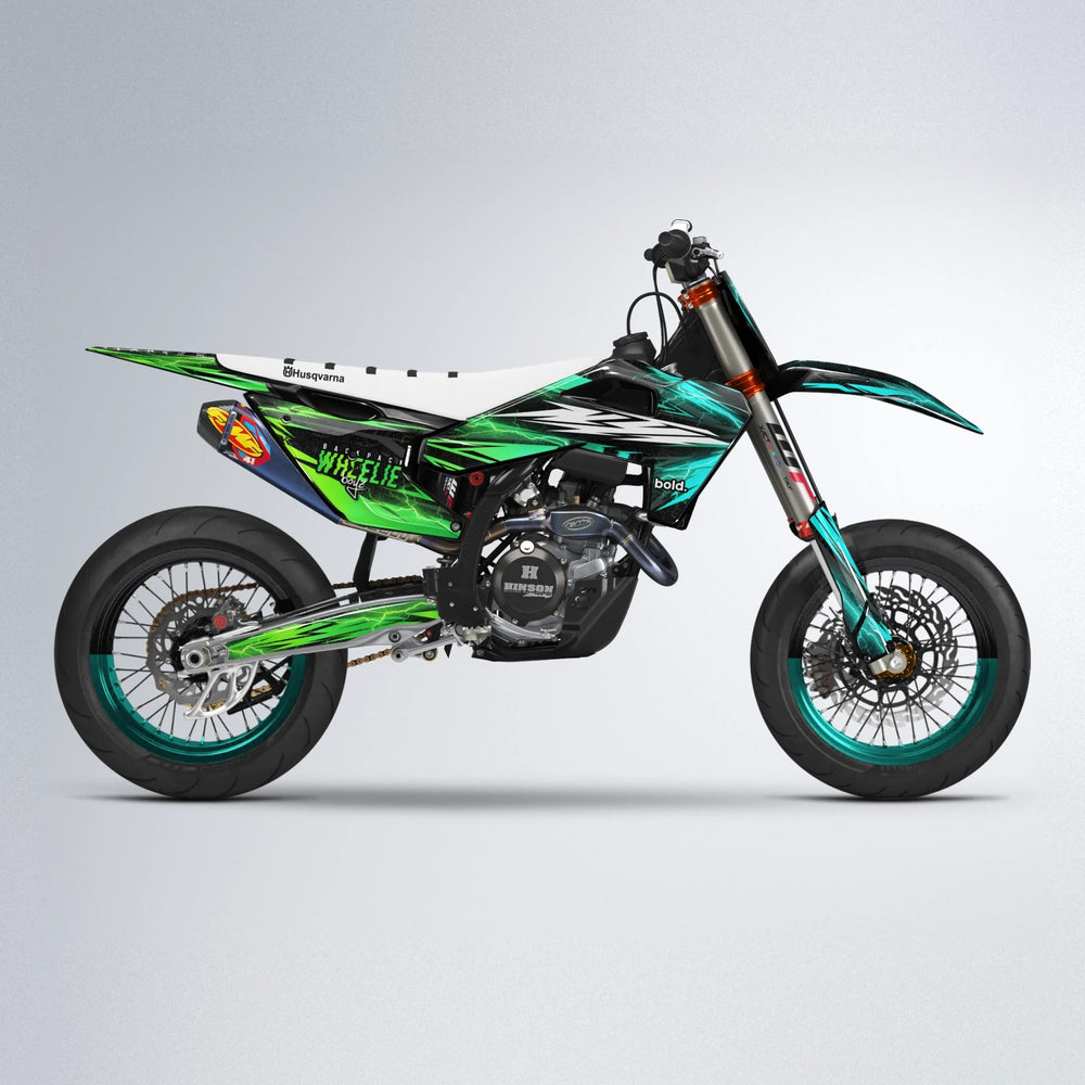 CAUTION Husqvarna FE/TE supermoto graphics kit in Cyan & Green