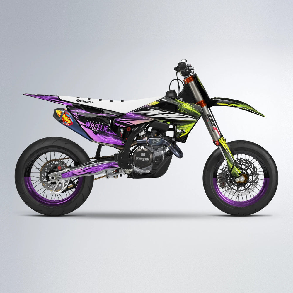 CAUTION Husqvarna FE/TE supermoto graphics kit in Purple & Yellow