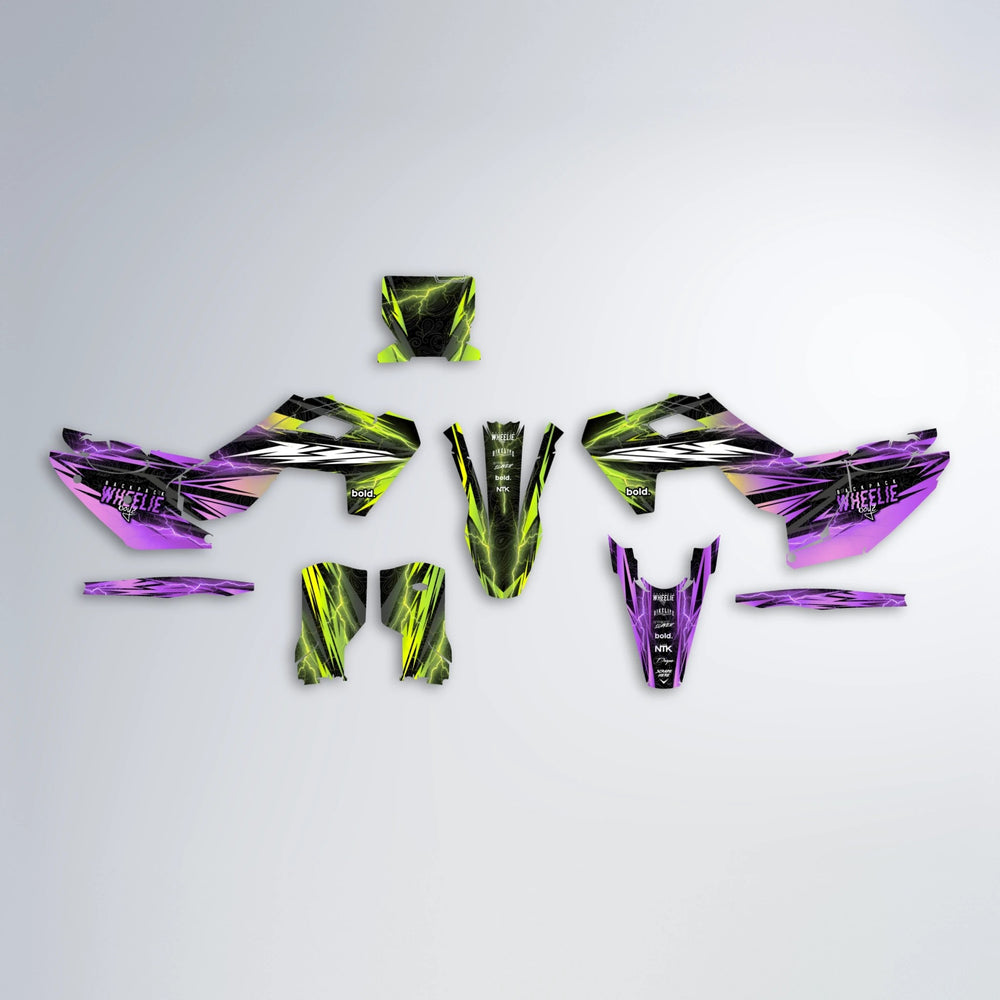 CAUTION Husqvarna FE/TE graphics kit parts layout in Purple & Yellow