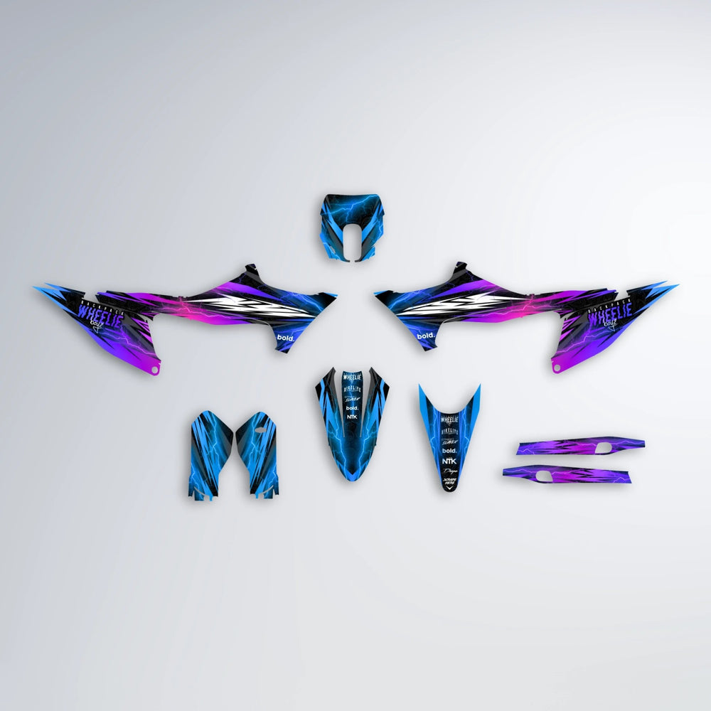 CAUTION Stark Varg MX graphics kit parts layout in Blue Purple Fade