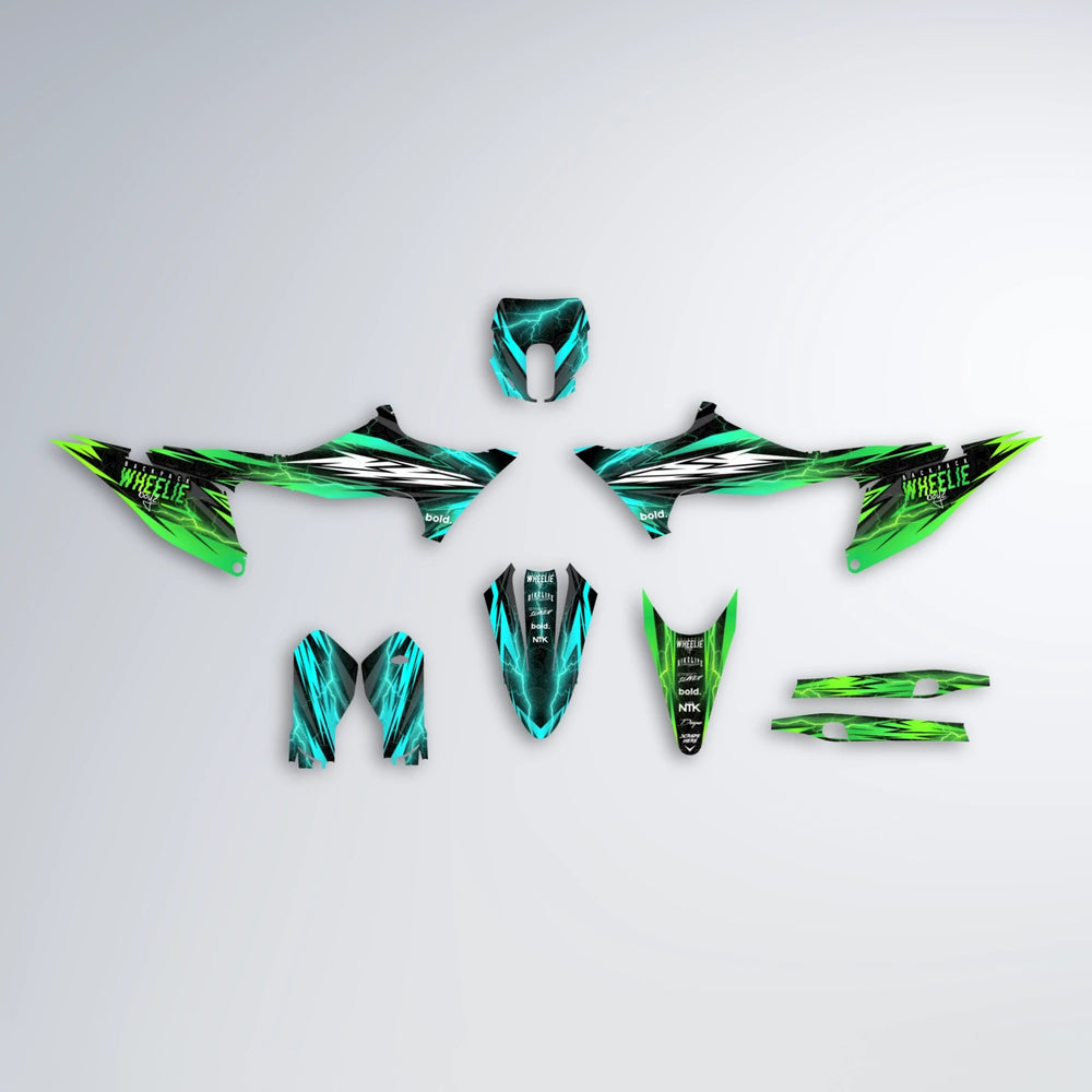 CAUTION Stark Varg MX graphics kit parts layout in Cyan & Green