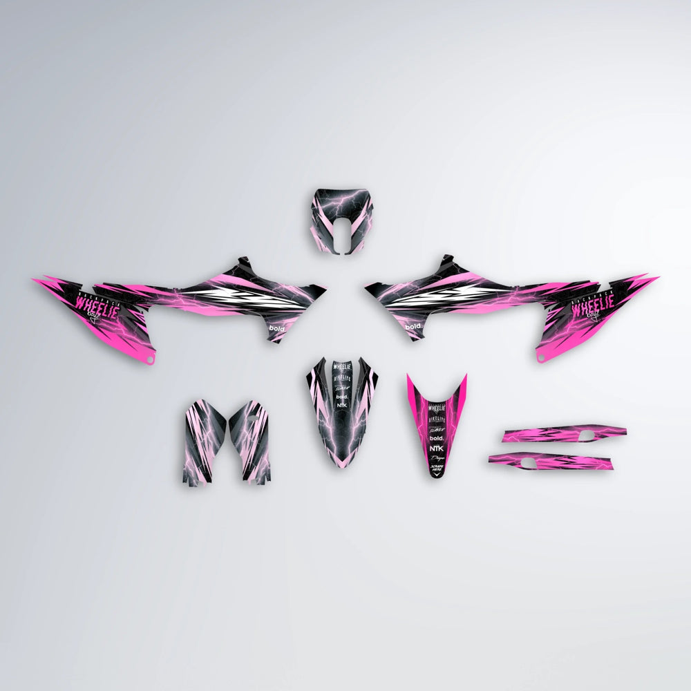 CAUTION Stark Varg MX graphics kit parts layout in Flamingo