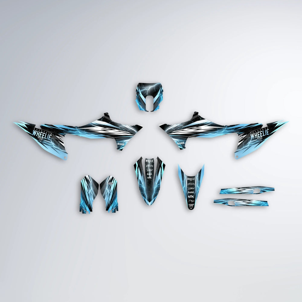 CAUTION Stark Varg MX graphics kit parts layout in Light Blue & White