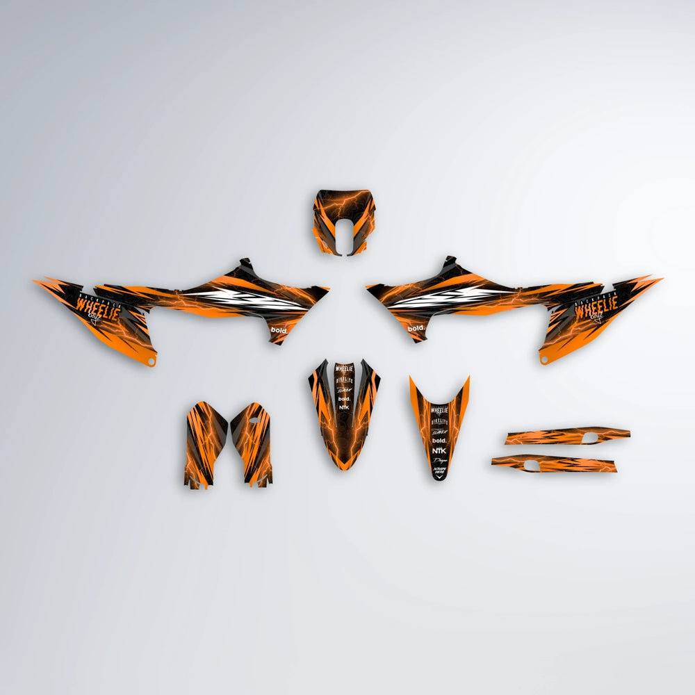 CAUTION Stark Varg MX graphics kit parts layout in Orange