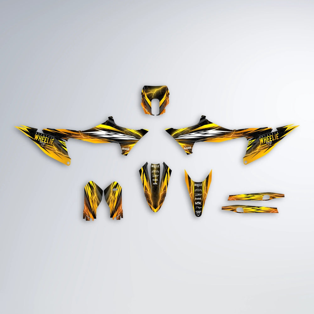 CAUTION Stark Varg MX graphics kit parts layout in Orange & Yellow