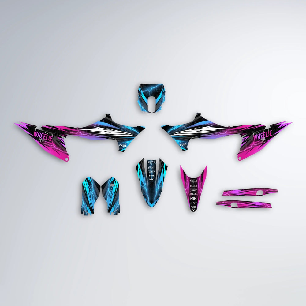 CAUTION Stark Varg MX graphics kit parts layout in Pink & Light Blue