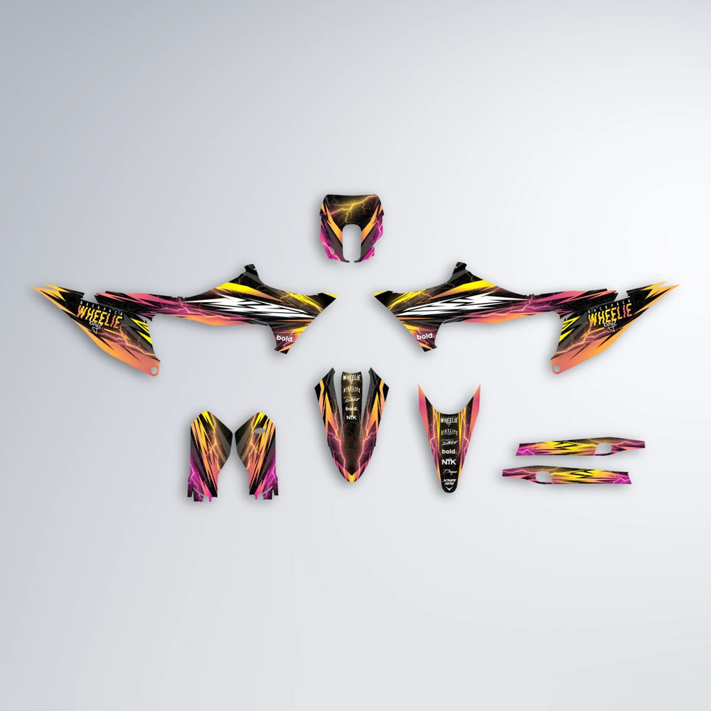 CAUTION Stark Varg MX graphics kit parts layout in Pink & Yellow