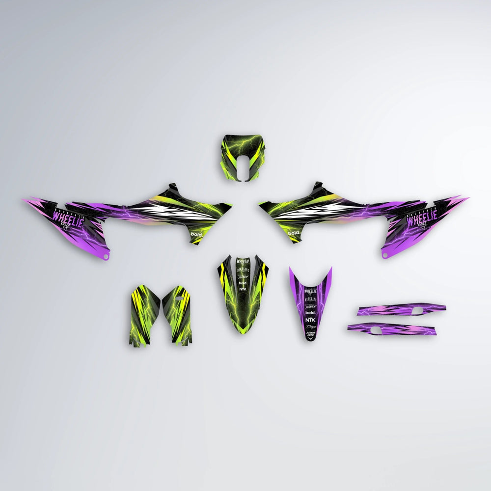 CAUTION Stark Varg MX graphics kit parts layout in Purple & Yellow