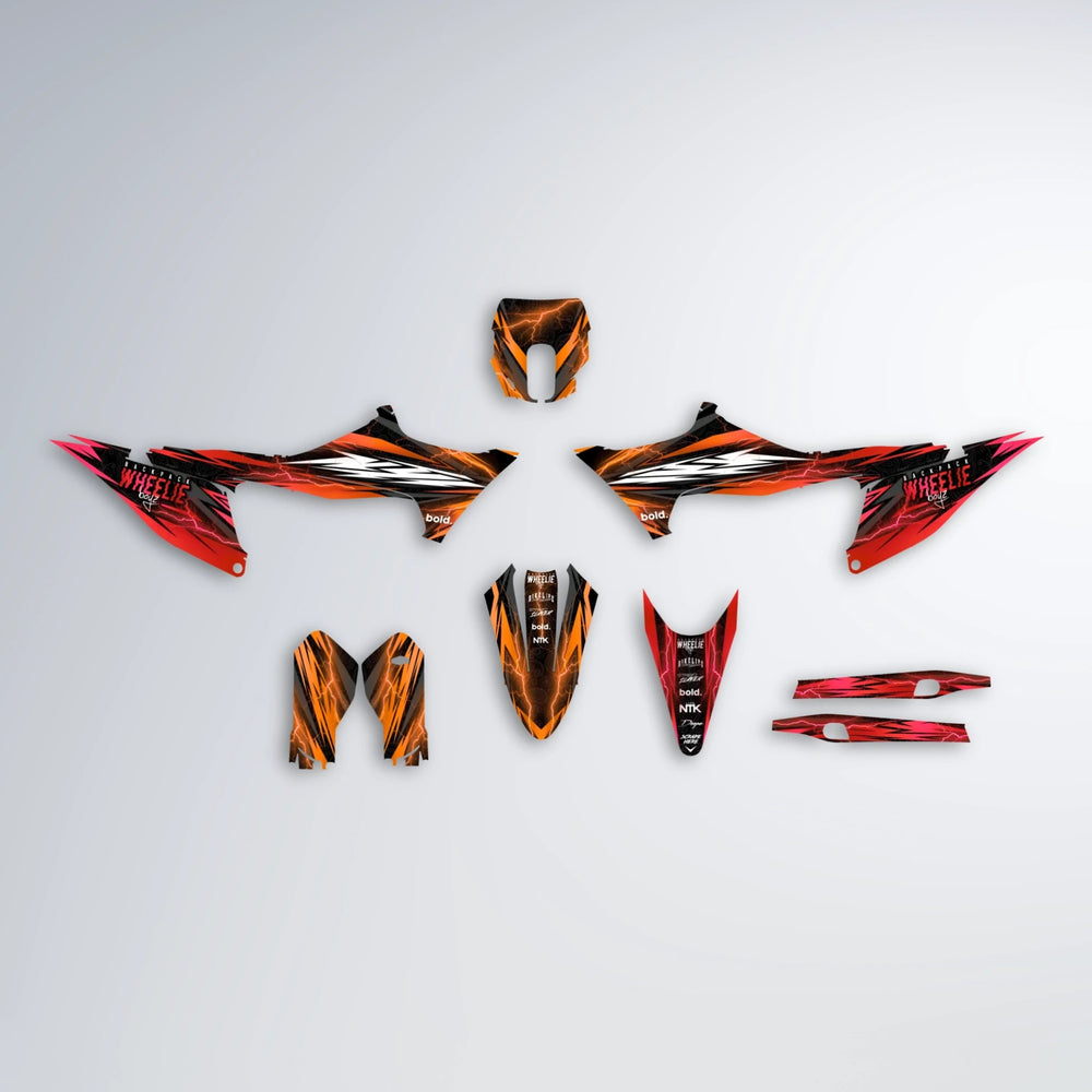 CAUTION Stark Varg MX graphics kit parts layout in Red & Orange