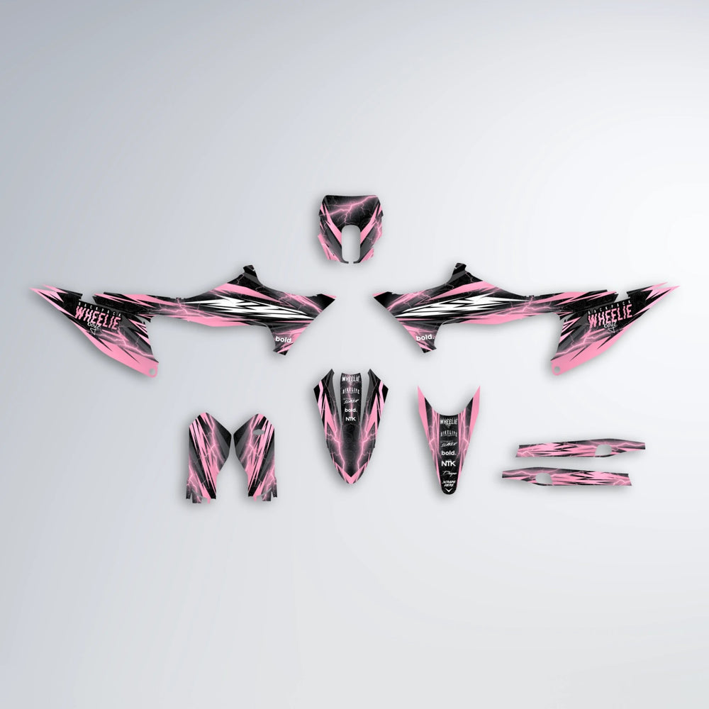 CAUTION Stark Varg MX graphics kit parts layout in Sakura Pink