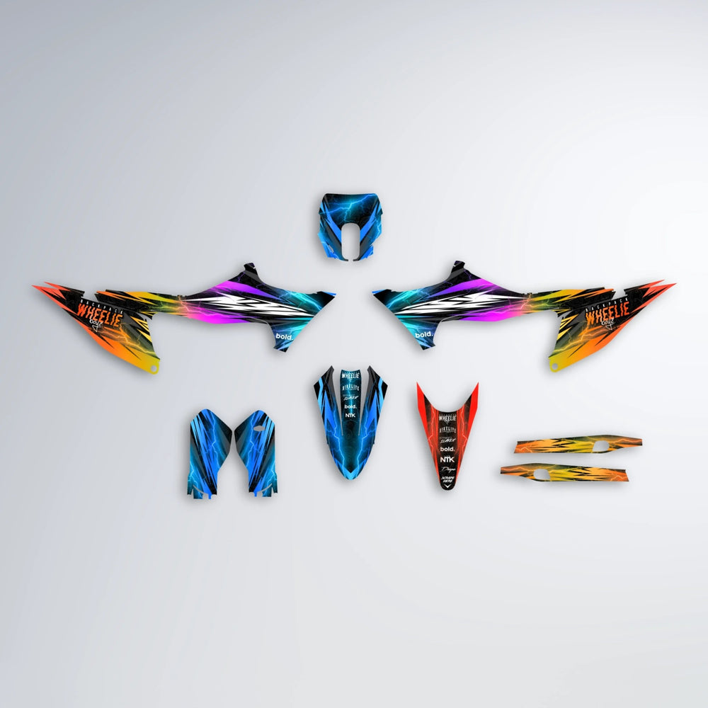 CAUTION Stark Varg MX graphics kit parts layout in Sunset Fade