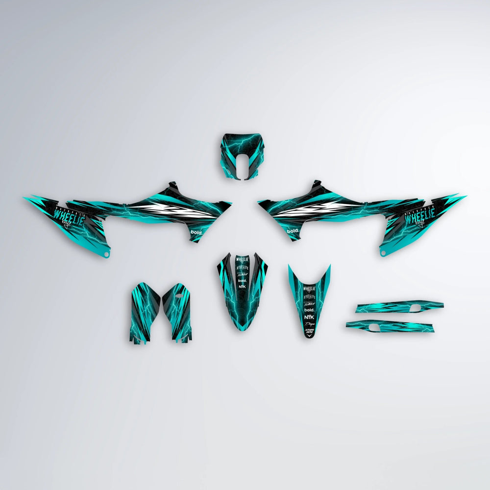 CAUTION Stark Varg MX graphics kit parts layout in Teal