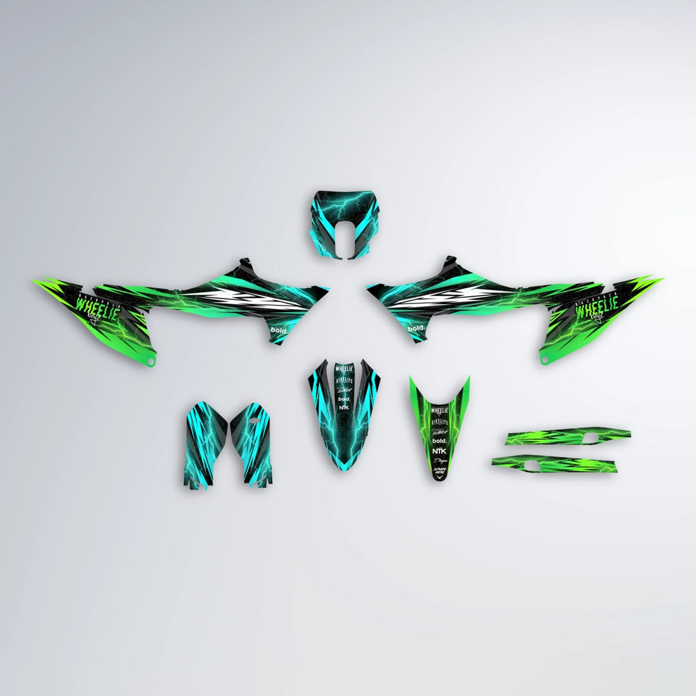 CAUTION Stark Varg SM graphics kit parts layout in Cyan & Green