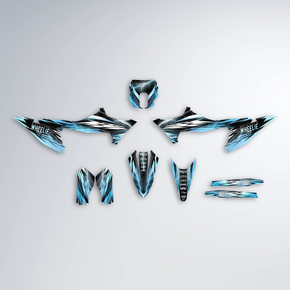 CAUTION Stark Varg SM graphics kit parts layout in Light Blue & White