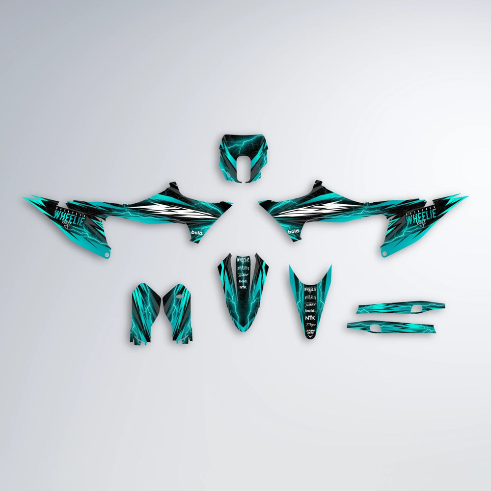 CAUTION Stark Varg SM graphics kit parts layout in Teal