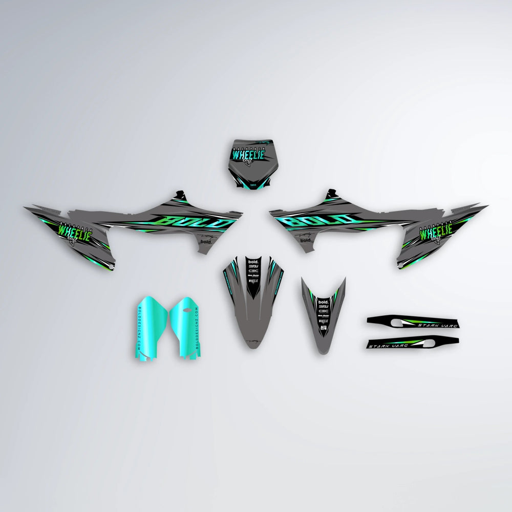 CHARGED Stark Varg SM graphics kit parts layout in Cyan & Green