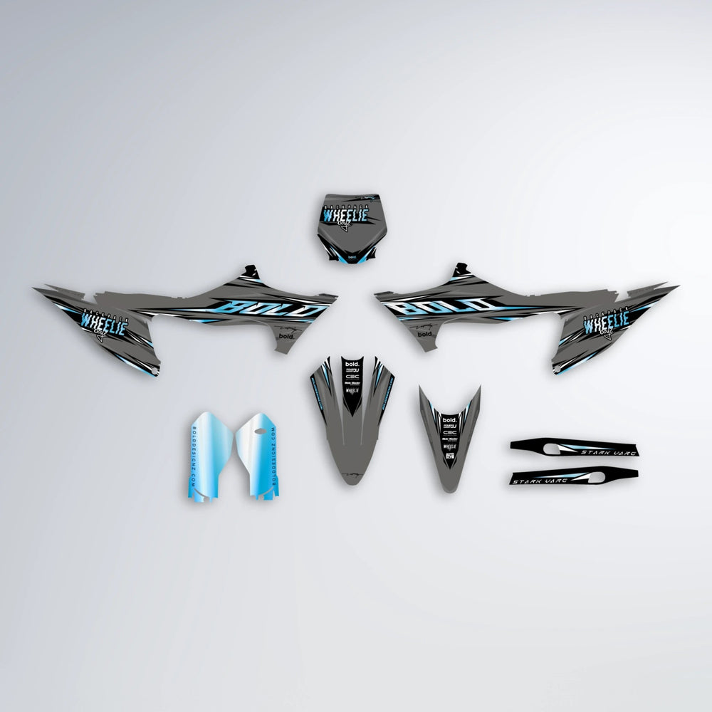CHARGED Stark Varg SM graphics kit parts layout in Light Blue & White