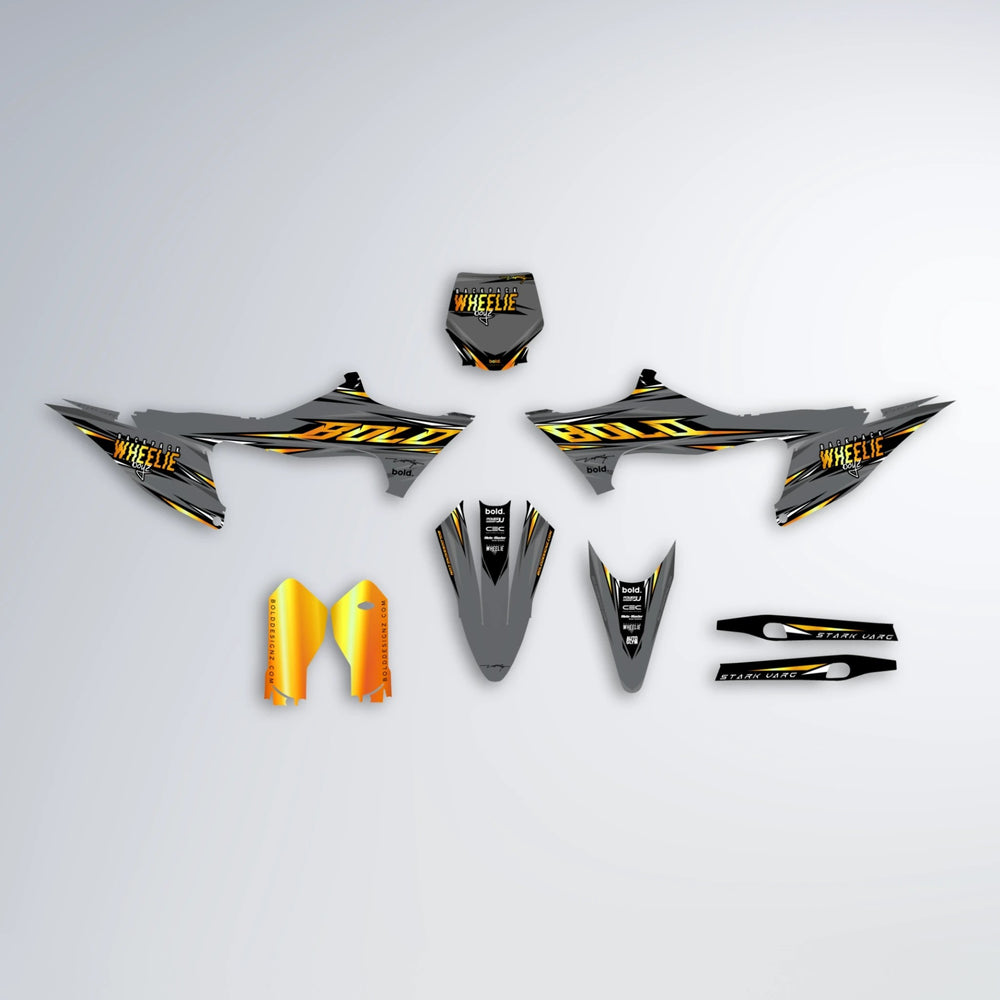 CHARGED Stark Varg SM graphics kit parts layout in Orange & Yellow