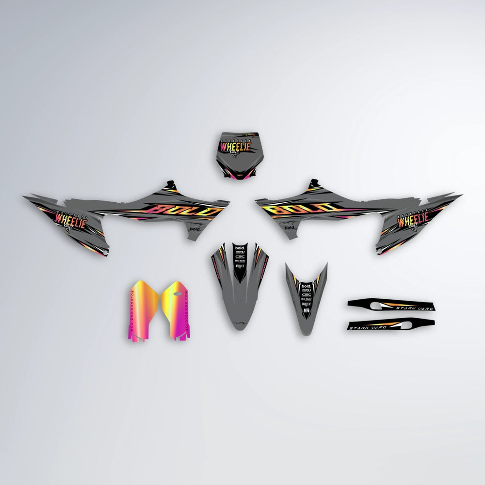 CHARGED Stark Varg SM graphics kit parts layout in Pink & Yellow
