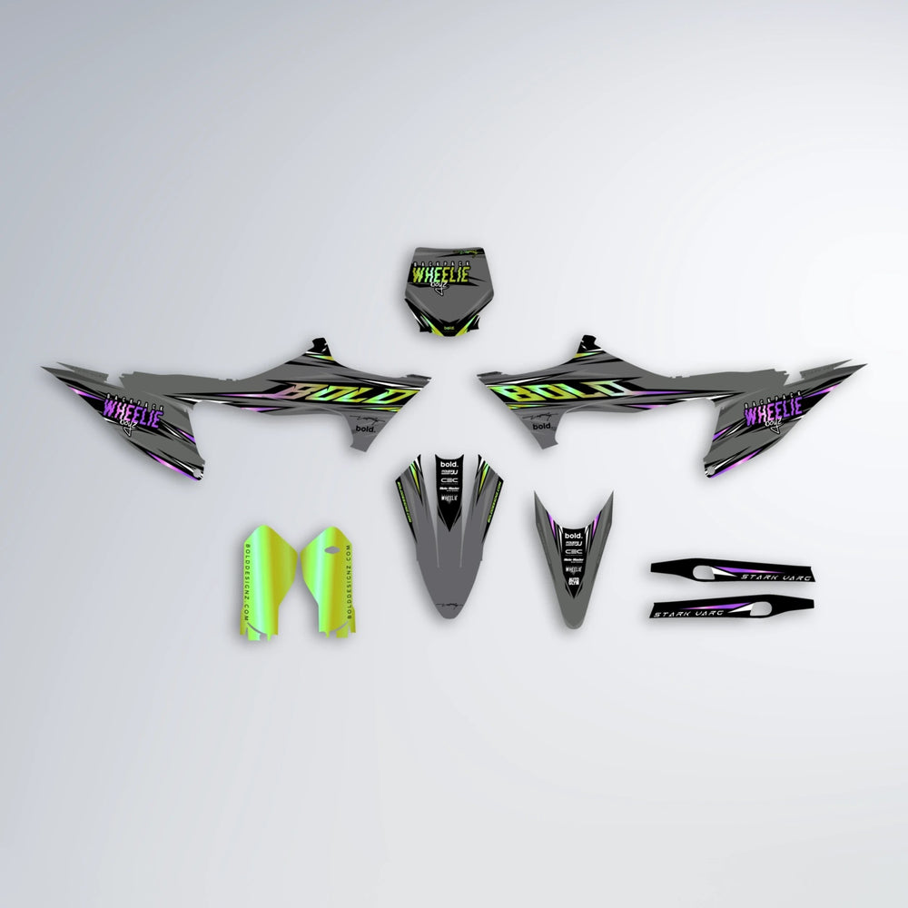 CHARGED Stark Varg SM graphics kit parts layout in Purple & Yellow