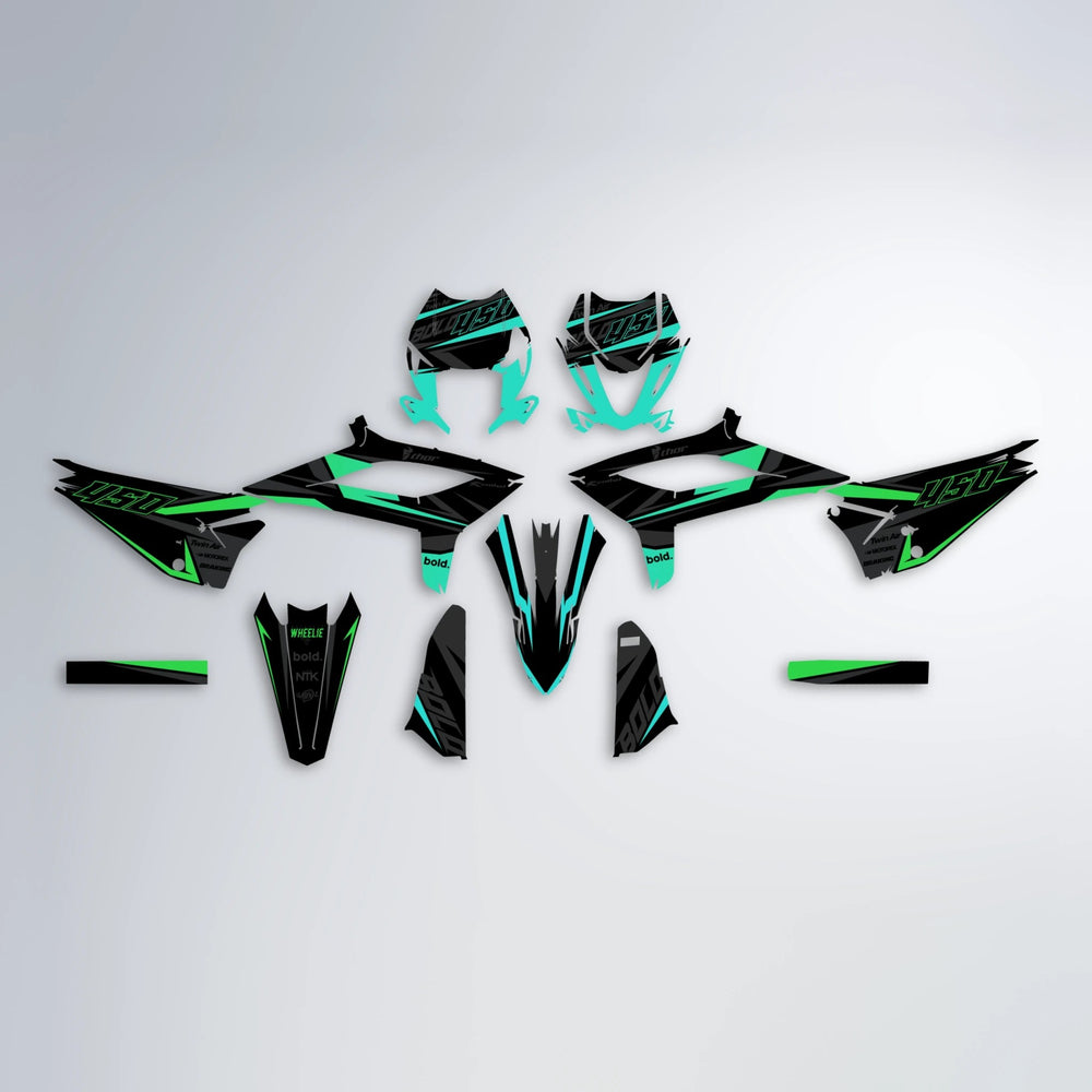 CHILLI Beta graphics kit parts layout in Cyan & Green