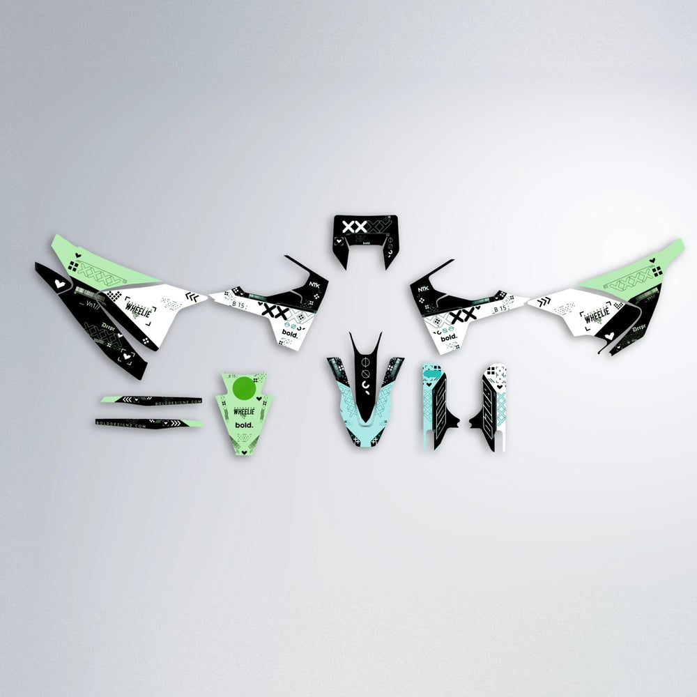 DATALOG Husqvarna 701 graphics kit parts layout in Cyan & Green