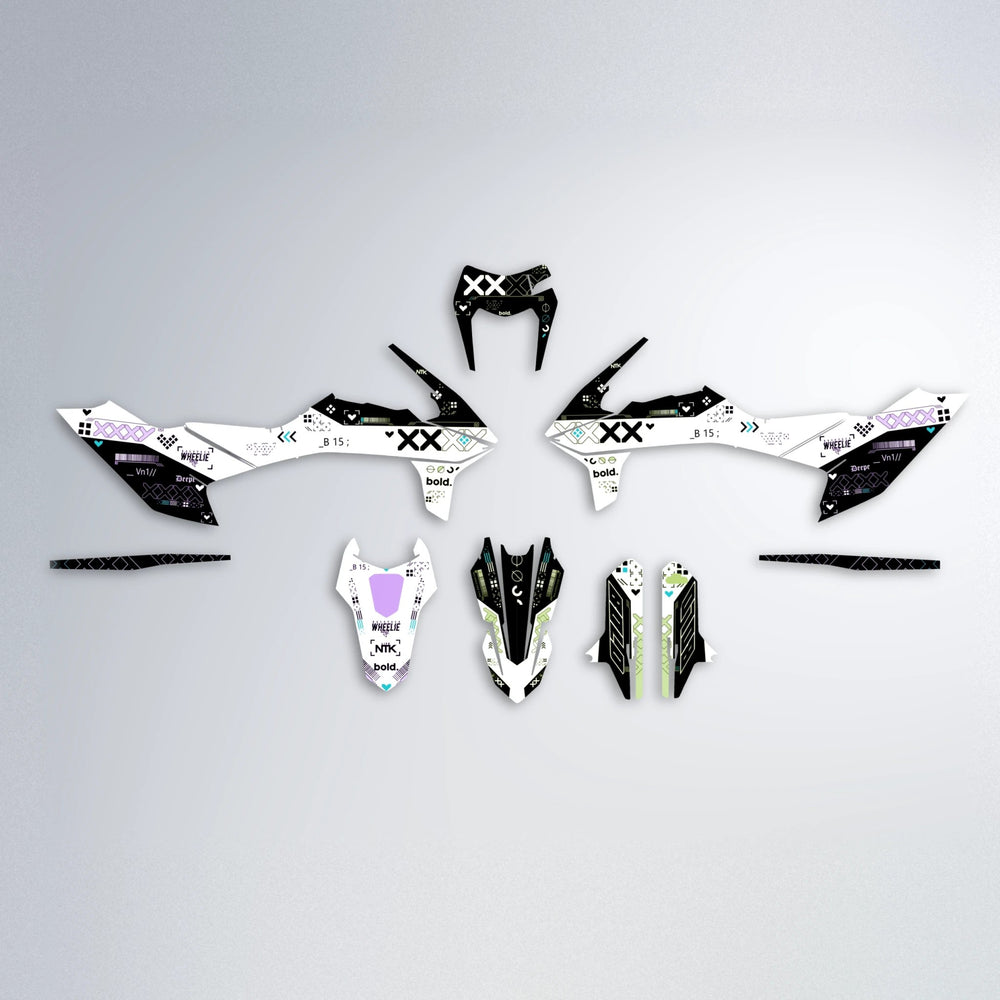 DATALOG KTM SMC 690 graphics kit parts layout in Purple & Yellow