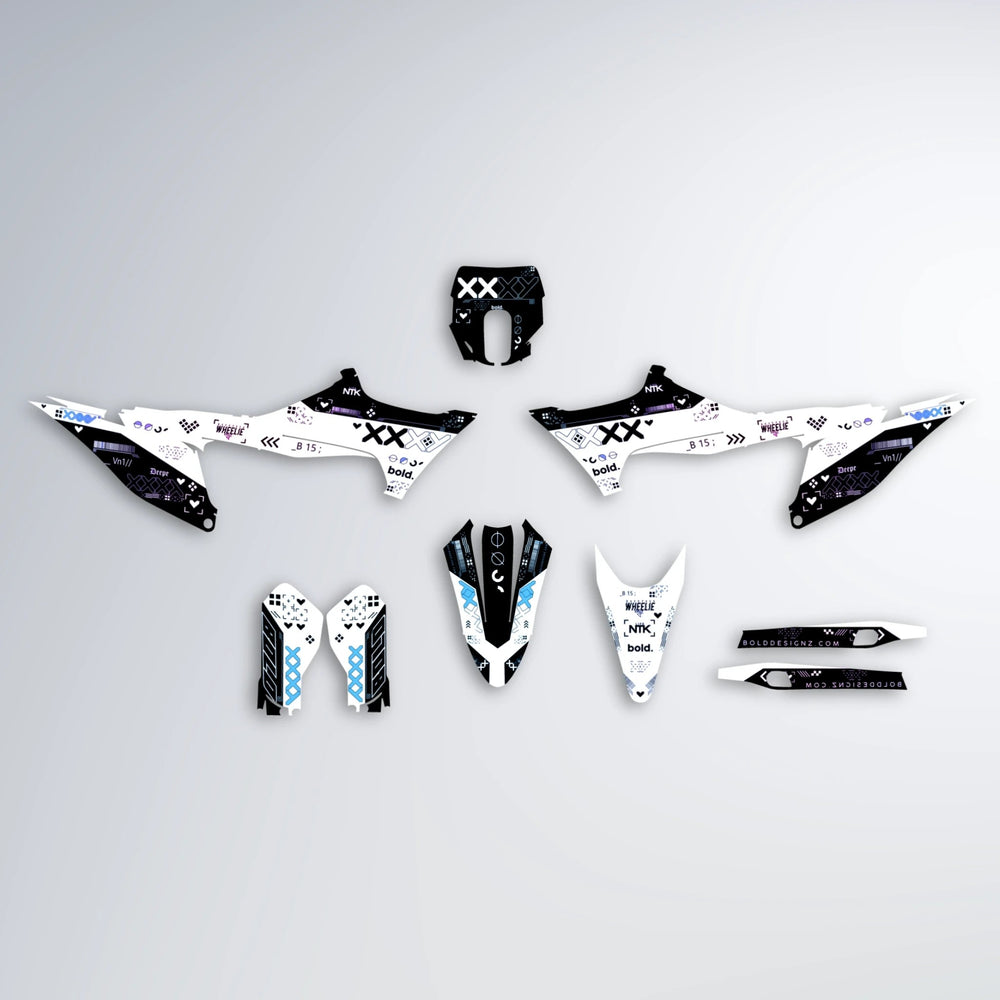 DATALOG Stark Varg MX graphics kit parts layout in Blue Purple Fade