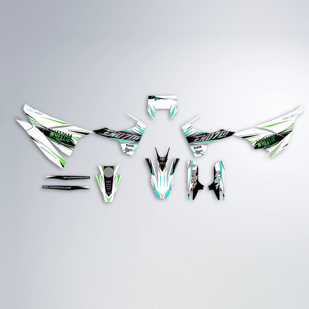 DEEPE Husqvarna 701 graphics kit parts layout in Cyan & Green