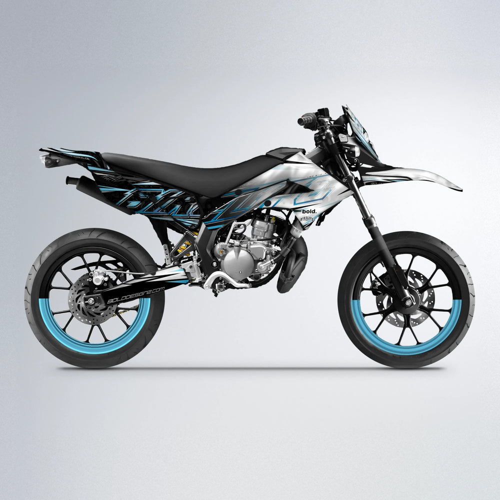 DEEPE V2 Derbi Senda supermoto graphics kit in Light Blue & White
