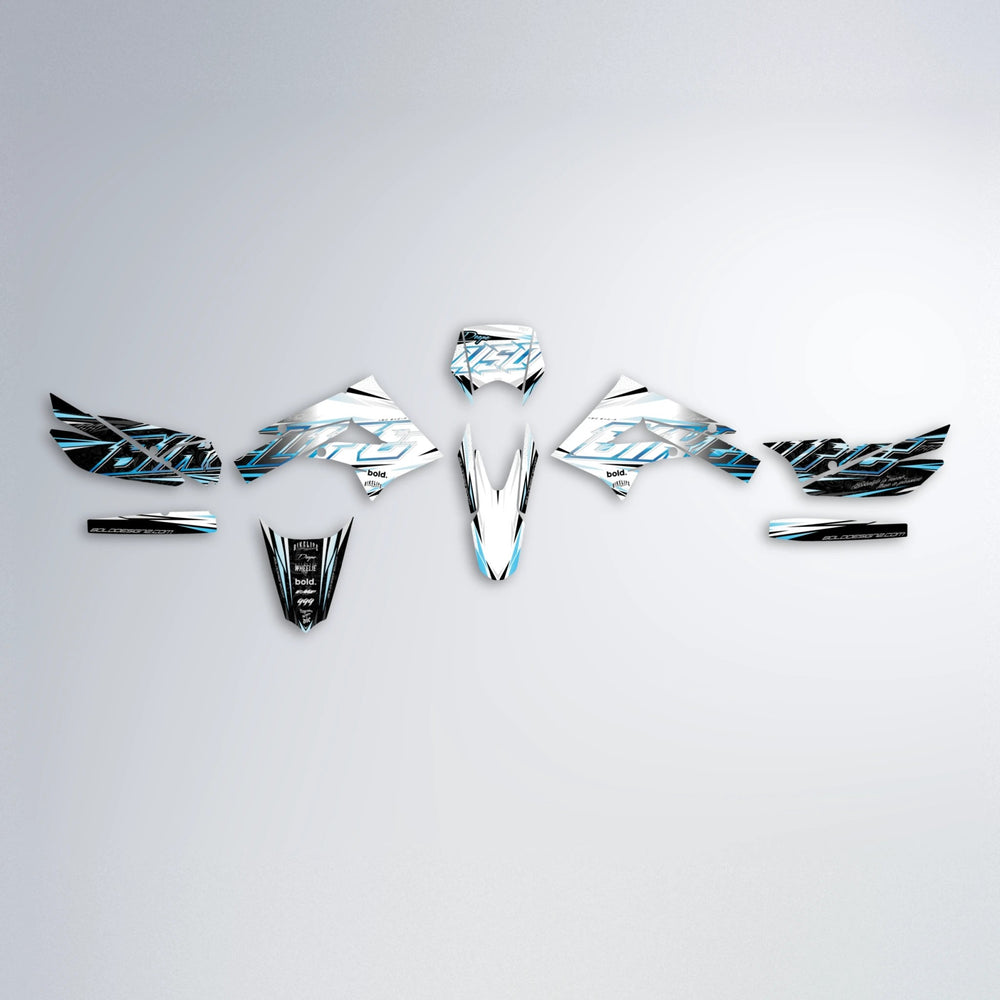DEEPE V2 Derbi Senda graphics kit parts layout in Light Blue & White