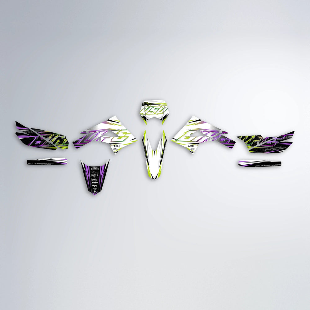 DEEPE V2 Derbi Senda graphics kit parts layout in Purple & Yellow