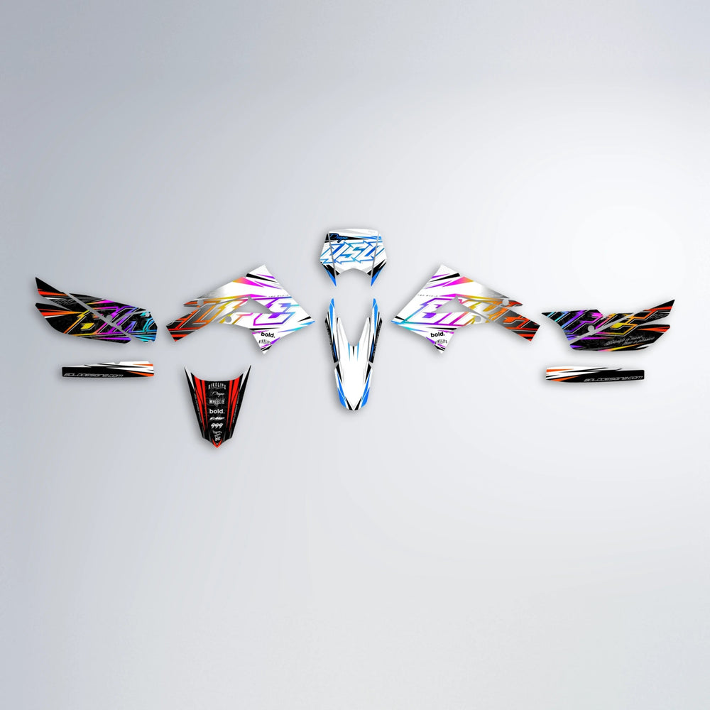 DEEPE V2 Derbi Senda graphics kit parts layout in Sunset Fade