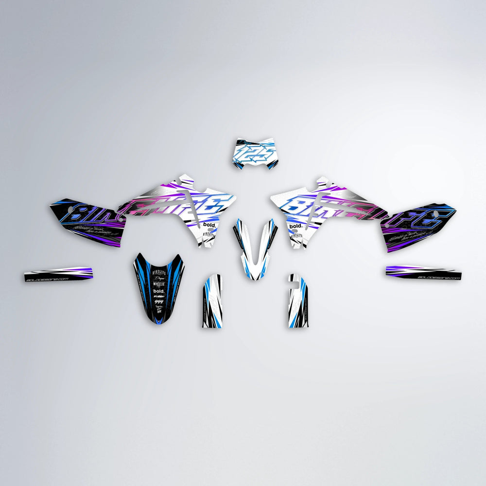 DEEPE V2 Fantic graphics kit parts layout in Blue Purple Fade