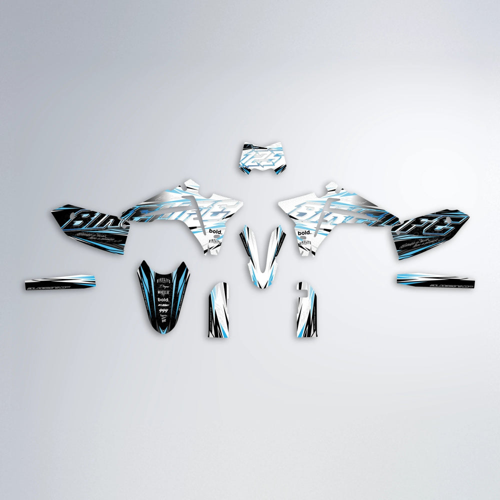 DEEPE V2 Fantic graphics kit parts layout in Light Blue & White