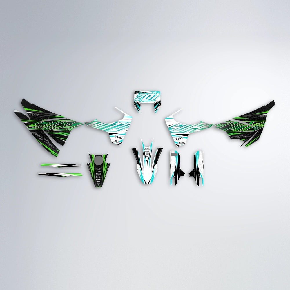DEEPE V2 Husqvarna 701 graphics kit parts layout in Cyan & Green