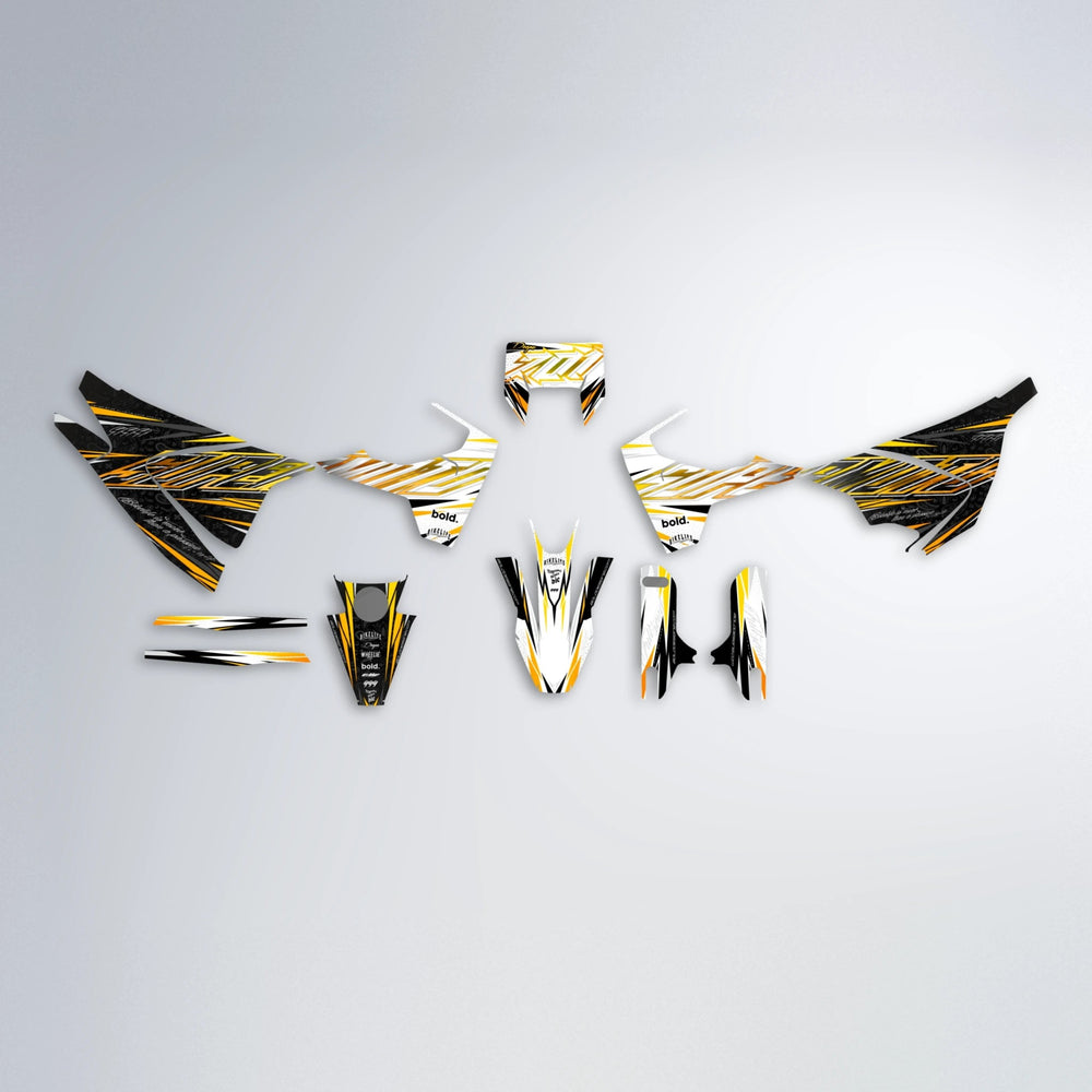 DEEPE V2 Husqvarna 701 graphics kit parts layout in Orange & Yellow