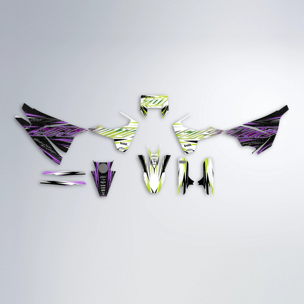 DEEPE V2 Husqvarna 701 graphics kit parts layout in Purple & Yellow