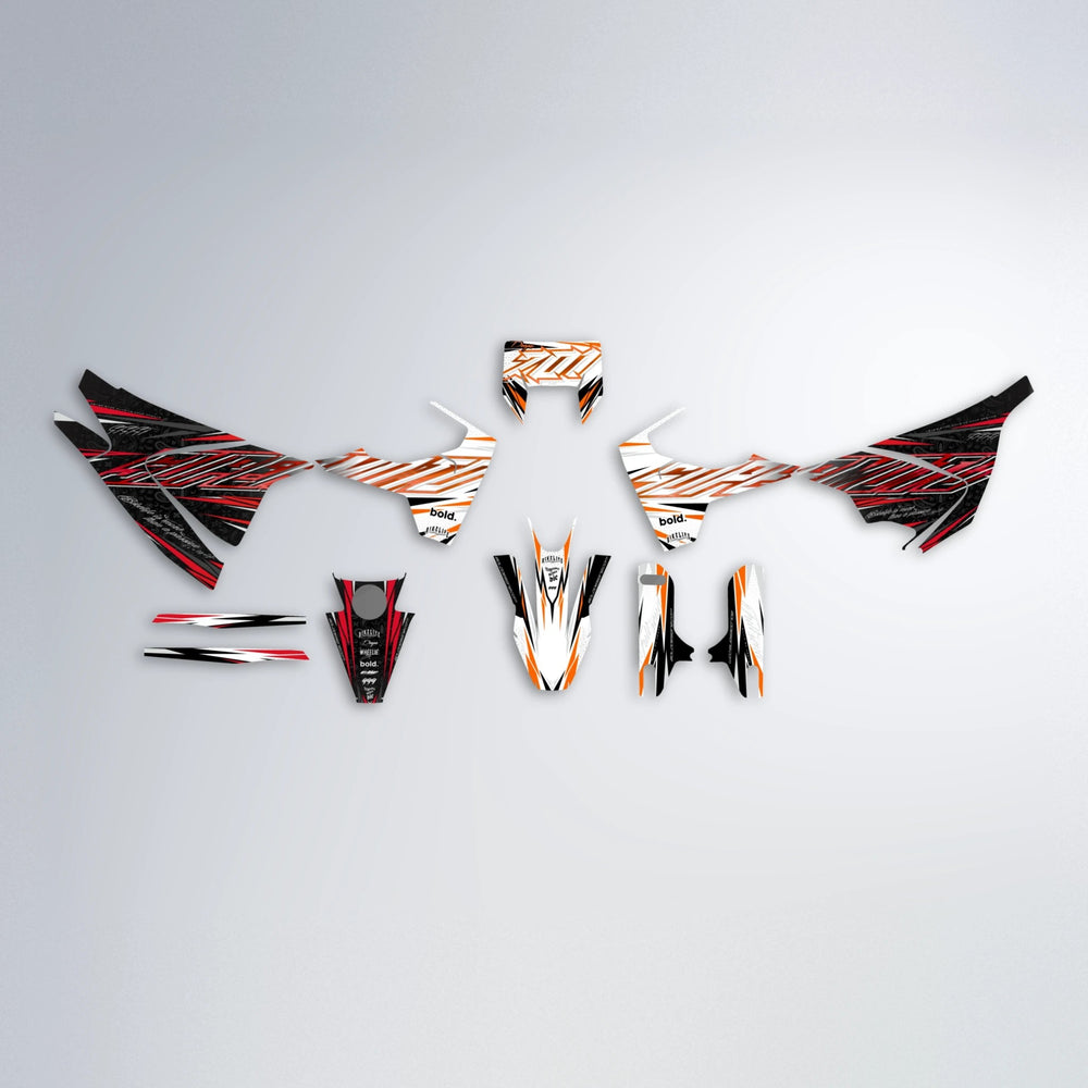 DEEPE V2 Husqvarna 701 graphics kit parts layout in Red & Orange