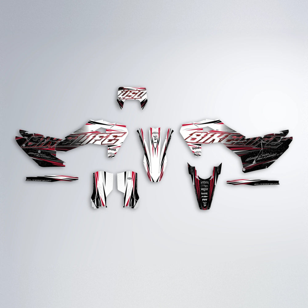 DEEPE V2 Husqvarna FE/TE graphics kit parts layout in Black & Red