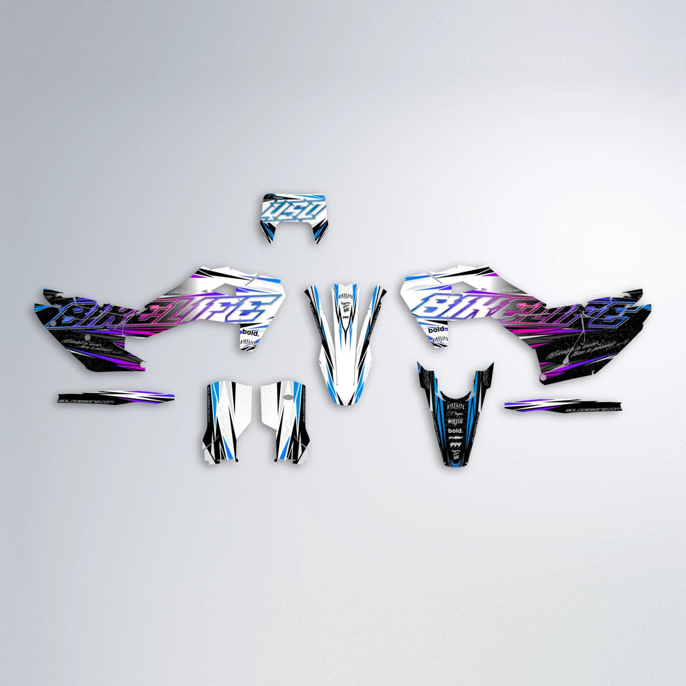 DEEPE V2 Husqvarna FE/TE graphics kit parts layout in Blue Purple Fade
