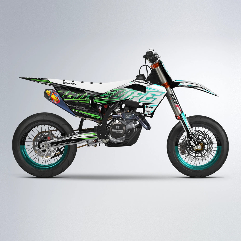 DEEPE V2 Husqvarna FE/TE supermoto graphics kit in Cyan & Green